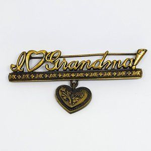 Jonette J.J. "I Love Grandma!" Antiqued Brass Bar Heart Charm Dangle Pin Brooch